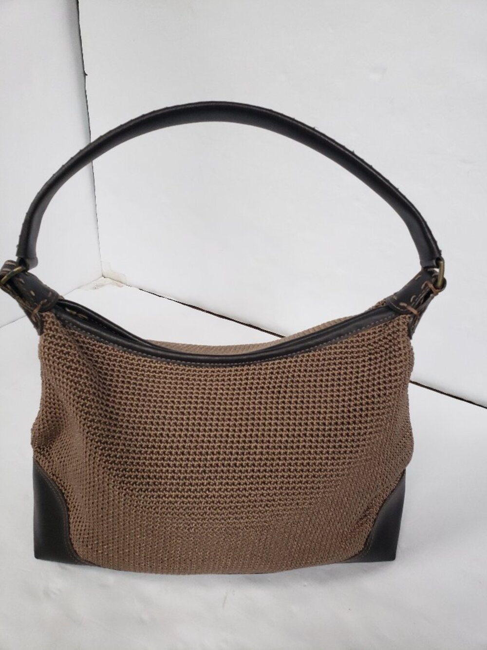 The Sak Crochet Knit Faux Leather Trim Brown Shoulder Bag Handbag Purse